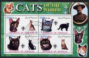 Somalia 2002 Domestic Cats of the World perf sheetlet #02 containing 4 values each with Scout Logo, fine cto used , stamps on cats, stamps on scouts