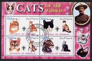 Somalia 2002 Domestic Cats of the World perf sheetlet #03 containing 4 values each with Scout Logo, fine cto used , stamps on cats, stamps on scouts