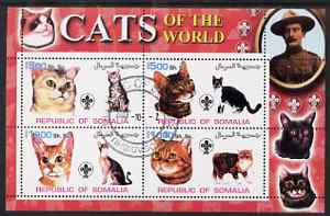 Somalia 2002 Domestic Cats of the World perf sheetlet #04 containing 4 values each with Scout Logo, fine cto used , stamps on cats, stamps on scouts