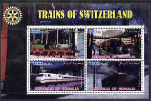 Somalia 2002 Trains of Switzerland perf sheetlet containing 4 values with Rotary Logo, fine cto used , stamps on , stamps on  stamps on railways, stamps on  stamps on rotary