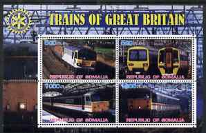 Somalia 2002 Trains of Great Britain #1 perf sheetlet containing 4 values with Rotary Logo, fine cto used , stamps on railways, stamps on rotary