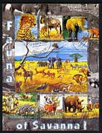 Kyrgyzstan 2004 Fauna of the World - Savanna #1 perf sheetlet containing 6 values cto used, stamps on animals, stamps on antelopes, stamps on elephants, stamps on lions, stamps on cats, stamps on zebras, stamps on rhinos, stamps on vultures, stamps on birds of prey, stamps on zebra