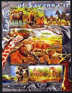 Kyrgyzstan 2004 Fauna of the World - Savanna #2 perf sheetlet containing 6 values cto used, stamps on animals, stamps on elephants, stamps on lions, stamps on cats, stamps on zebras, stamps on giraffes, stamps on bison, stamps on bovine, stamps on zebra