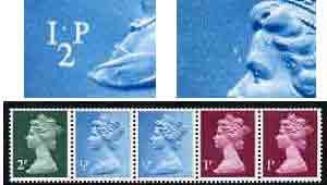 Great Britain 1971 Machin multi-value coil (2p,1/2p,1/2p,1p,1p) with constant variety 'white spot between 1 and P on first 1/2p' and 'background retouch infront of forehead on 2nd 1/2p' (ex G1 coil roll 5) unmounted mint, stamps on varieties, stamps on gb