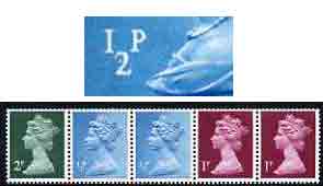 Great Britain 1971 Machin multi-value coil (2p,1/2p,1/2p,1p,1p) with constant variety white dot in curve and damage to top of 2 on 1st 1/2p (ex G1 coil roll 2) unmounted ..., stamps on varieties, stamps on gb