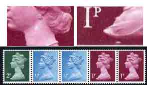 Great Britain 1971 Machin multi-value coil (2p,1/2p,1/2p,1p,1p) with constant variety flaw on neck on first 1p and retouch below bust on 2nd 1p (ex G1 coil roll 2) unmoun..., stamps on varieties, stamps on gb