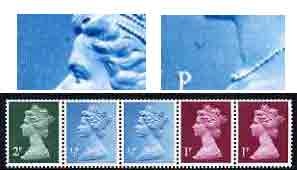 Great Britain 1971 Machin multi-value coil (2p,1/2p,1/2p,1p,1p) with constant variety Coloured dot in front of forehead and background disturbance in front of throat on 1..., stamps on varieties, stamps on gb