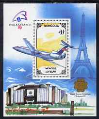 Mongolia 1989 'Philexfrance 89' Stamp Exhibition (1st issue) perf m/sheet (Tupolev) unmounted mint, SG MS 2020, stamps on stamp exhibitions, stamps on aviation, stamps on tupolev, stamps on eiffel tower