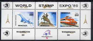 Mongolia 1989 World Stamp Expo overprinted on Philexfrance 89 Stamp Exhibition (2nd issue) perf m/sheet (Concorde,TGV Train, Statue) unmounted mint, SG MS 2072, stamps on stamp exhibitions, stamps on aviation, stamps on concorde, stamps on eiffel tower, stamps on statues, stamps on horses, stamps on railways