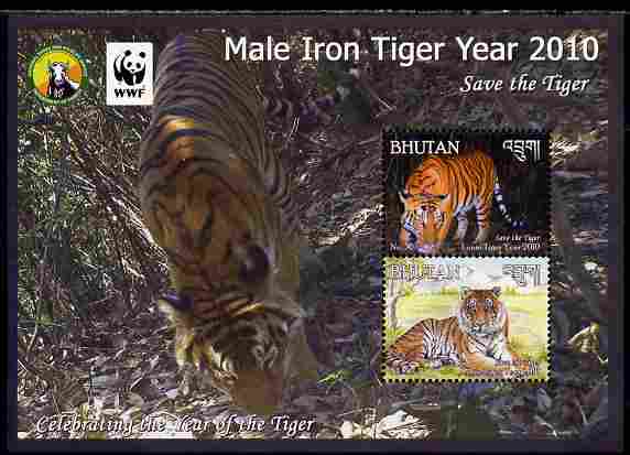 Bhutan 2010 WWF - Chinese New Year - Year of the Tiger perf sheetlet containing 2 values unmounted mint, stamps on , stamps on  stamps on , stamps on  stamps on  wwf , stamps on  stamps on cats, stamps on  stamps on tigers, stamps on  stamps on lunar, stamps on  stamps on lunar new year