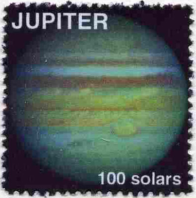 Planet Jupiter (Fantasy) 100 solars perf label for inter-galactic mail unmounted mint on ungummed paper, stamps on space, stamps on planets, stamps on cinderella, stamps on sci-fi