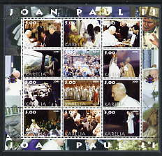 Karelia Republic 2003 Pope John Paul II perf sheetlet #05 containing complete set of 12 values (inscribed Pope Joan Paul II) unmounted mint, stamps on religion, stamps on pope, stamps on personalities