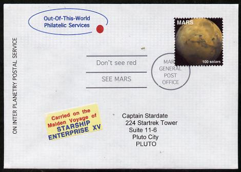 Planet Mars (Fantasy) cover to Pluto bearing Mars 100 solar stamp with Carried on the Maiden Voyage of Starship Enterprise XV label.  An attractive fusion between Science..., stamps on space, stamps on planets, stamps on cinderella, stamps on sci-fi