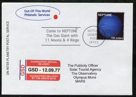 Planet Neptune (Fantasy) cover to Mars bearing Neptune 100 solar stamp with Guaranteed Special Delivery label.  An attractive fusion between Science Fiction and Philateli..., stamps on space, stamps on planets, stamps on cinderella, stamps on sci-fi