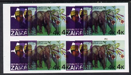 Zaire 1979 River Expedition 4k Elephant superb imperf proof block of 4 with entire design doubled, extra impression 5mm away unmounted mint (as SG 954) unmounted mint. NO..., stamps on animals, stamps on elephants