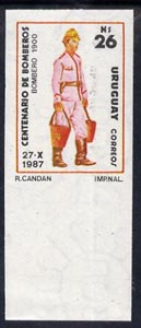 Uruguay 1988 Centenary of Fire Service 26p (Fireman of 1900) imperf marginal single mnh, as SG 1935, stamps on fire