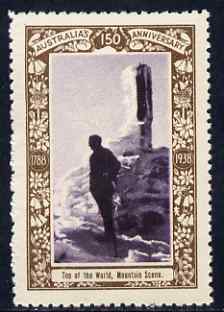 Australia 1938 Top of the World, Mountain Scene Poster Stamp from Australia's 150th Anniversary set, unmounted mint, stamps on mountains