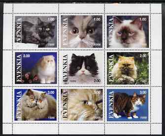 Evenkia Republic 1999 Domestic Cats perf sheetlet containing set of 9 values unmounted mint, stamps on cats