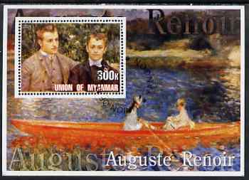 Myanmar 2001 Auguste Renoir perf m/sheet containing 1 x 300k value fine cto used, stamps on arts, stamps on renoir