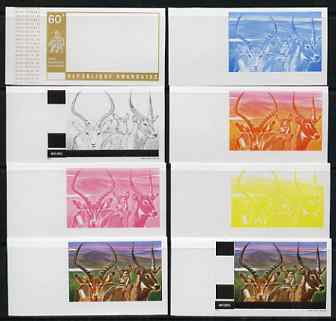 Rwanda 1972 Antelope 60f (from Akagera National Park set) the set of 8 imperf progressive proofs comprising the 5 individual colours plus 2, 3 and 4-colour composites, as SG 464, stamps on animals, stamps on antelope, stamps on national parks, stamps on parks