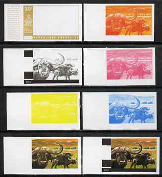 Rwanda 1972 Buffalo 30c (from Akagera National Park set) the set of 8 imperf progressive proofs comprising the 5 individual colours plus 2, 3 and 4-colour composites, as ..., stamps on animals, stamps on buffalo, stamps on bovine, stamps on national parks, stamps on parks