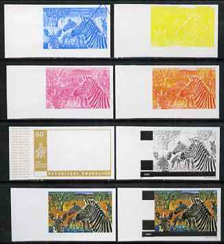 Rwanda 1972 Zebra 50c (from Akagera National Park set) the set of 8 imperf progressive proofs comprising the 5 individual colours plus 2, 3 and 4-colour composites, as SG..., stamps on animals, stamps on zebra, stamps on national parks, stamps on parks