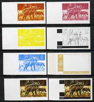 Rwanda 1972 Wharthog 2f (from Akagera National Park set) the set of 8 imperf progressive proofs comprising the 5 individual colours plus 2, 3 and 4-colour composites, as SG 460, stamps on animals, stamps on hogs, stamps on swine, stamps on national parks, stamps on parks