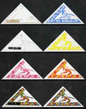 Cook Islands 1969 High Jump 1/2c (from Third South Pacific Games Triangular set) the set of 8 imperf progressive proofs comprising the 5 individual colours plus 2, 3 and ..., stamps on sport, stamps on triangulars, stamps on high jump