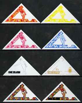 Cook Islands 1969 Javelin 10c (from Third South Pacific Games Triangular set) the set of 8 imperf progressive proofs comprising the 5 individual colours plus 2, 3 and 4-c..., stamps on sport, stamps on triangulars, stamps on javelin