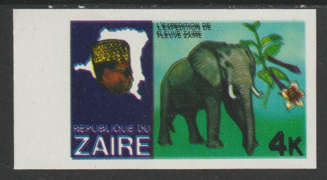 Zaire 1979 River Expedition 4k Elephant imperf proof with black printing doubled (as SG 954) unmounted mint, stamps on animals, stamps on elephants