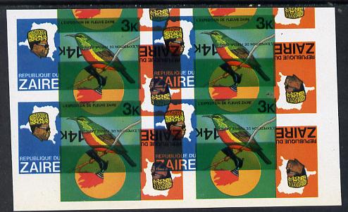 Zaire 1979 River Expedition 3k Sunbird unmounted mint imperf proof block of 4 superimposed with 14k value (Torch) inverted (as SG 953 & 956). NOTE - this item has been se..., stamps on birds