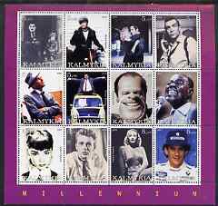 Kalmikia Republic 2000 Millennium perf sheetlet containing set of 12 values unmounted mint (showing Chaplin, Brando, Elvis,S Connery, Sinatra, Satchmo, James Dean, M Dietrich, Ayrton Senna etc), stamps on , stamps on  stamps on personalities, stamps on  stamps on millennium, stamps on  stamps on films, stamps on  stamps on cinema, stamps on  stamps on motorbikes, stamps on  stamps on elvis, stamps on  stamps on sinatra, stamps on  stamps on  f1 , stamps on  stamps on formula 1, stamps on  stamps on , stamps on  stamps on scots, stamps on  stamps on scotland, stamps on  stamps on comedy, stamps on  stamps on chaplin