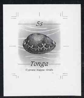 Tonga 1984-85 Green Map Cowrie Shell 5s (from self adhesive Marine Life def set) B&W photographic proof, scarce thus, as SG 867, stamps on marine life, stamps on shells, stamps on maps