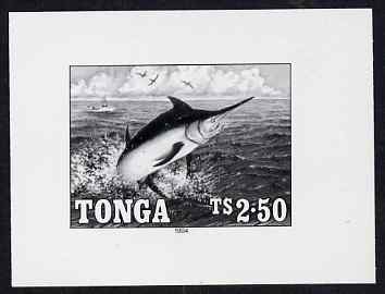 Tonga 1994 Blue Marlin 2p50 (from Game Fishing set) B&W photographic proof, scarce thus, as SG 1270, stamps on marine life, stamps on fish, stamps on gamefish