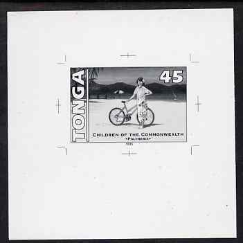Tonga 1994 Polynesian Girl with Bicycle 45s (from 25th Anniversary set) B&W photographic proof, scarce thus, as SG 1291, stamps on bicycles, stamps on children