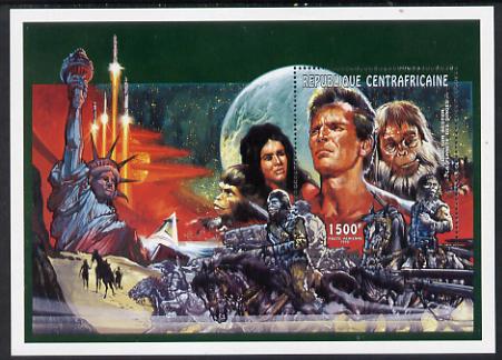 Central African Republic 1995 Charlton Heston & Planet of the Apes perf m/sheet unmounted mint. Note this item is privately produced and is offered purely on its thematic..., stamps on personalities, stamps on films, stamps on cinema, stamps on movies, stamps on apes, stamps on statue of liberty, stamps on americana, stamps on space, stamps on sci-fi