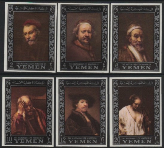 Yemen - Royalist 1967 Rembrandt imperf set of 6 (borders in silver) unmounted mint as SG R205-10, Mi 284-89B, stamps on arts, stamps on personalities, stamps on rembrandt, stamps on renaissance