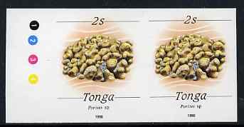 Tonga 1988-92 Porites Coral 2s (from redrawn Marine Life def set) imperf proof pair, rare thus, as SG 1000 (1990 imprint date), stamps on marine life, stamps on coral