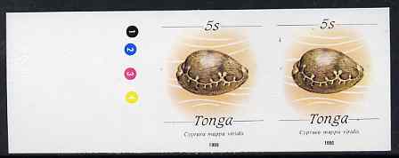 Tonga 1988-92 Green Map Cowrie Shell 5s (from redrawn Marine Life def set) imperf proof pair, rare thus, as SG 1002 (1990 imprint date), stamps on marine life, stamps on shells