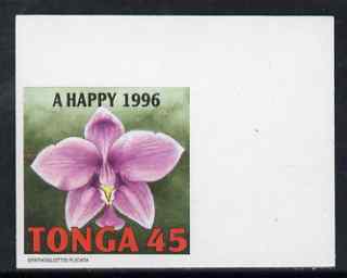 Tonga 1995 Orchid - Spathoglottis plicata 45s Christmas (insc A Happy 1996) imperf marginal plate proof as SG 1331, stamps on christmas, stamps on orchids, stamps on flowers