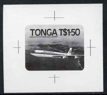 Tonga 1983 Boeing 707 1p50 (from Niuafo'ou Airport set) B&W photographic proof, as SG 843-46, stamps on aviation, stamps on self adhesive, stamps on boeing, stamps on 707, stamps on airports