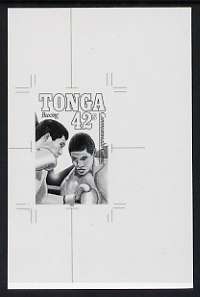 Tonga 1990 Boxing 42s (from Commonwealth Games set) B&W photographic proof, scarce thus, as SG 1065, stamps on boxing, stamps on sport