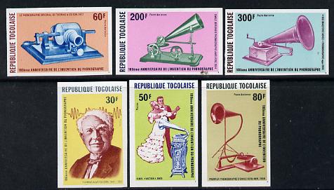 Togo 1978 Edison & Phonograph set of 6 imperf from limited printing unmounted mint, as SG 1296-1300, stamps on entertainments  music  personalities  science