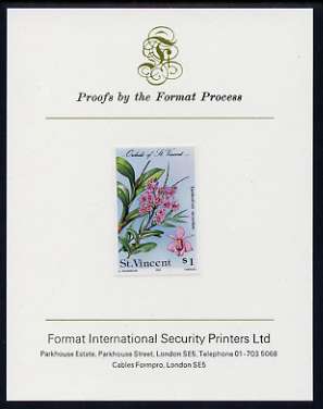 St Vincent 1985 Orchids $1 imperf proof mounted on Format International proof card, stamps on flowers, stamps on orchids