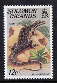 Solomon Islands 1979 12c Monitor with wmk inverted unmounted mint, SG 394EiA, stamps on reptiles, stamps on monitor