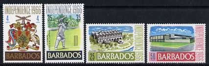 Barbados 1966 Independence set of 4 (Hilton Hotel, Barbados Arms, G Sobers, Pine Hill Dairy) unmounted mint, SG 356-59, stamps on , stamps on  stamps on cricket, stamps on  stamps on arms, stamps on  stamps on heraldry, stamps on  stamps on hotels, stamps on  stamps on bovine