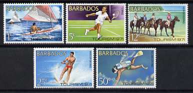 Barbados 1971 Tourism set of 5 (Scuba Diving, Water Skiiing, Horse Riding, Sailing, Tennis) unmounted mint, SG 429-33, stamps on tourism, stamps on scuba, stamps on water skiing, stamps on horses, stamps on sailing, stamps on tennis