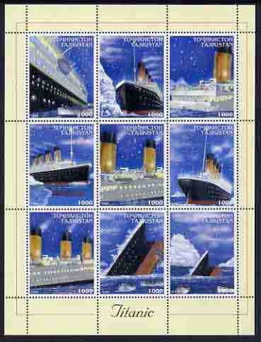 Tadjikistan 1999 The Titanic perf sheetlet containing set of 9 values unmounted mint, stamps on ships, stamps on titanic, stamps on disasters