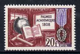 France 1959 20f 150th Anniversary of 'Academic Palms' (Globe, Medal, T-square) unmounted mint, SG 1414*, stamps on education, stamps on globes, stamps on medals, stamps on mathematics, stamps on maths