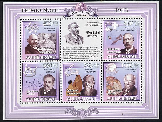 Guinea - Bissau 2009 Nobel Prize Winners - 1913 perf sheetlet containing 5 values unmounted mint, stamps on personalities, stamps on nobel, stamps on science, stamps on literature, stamps on medical, stamps on peace, stamps on physics